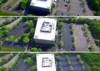 collage of aerial views of an office building