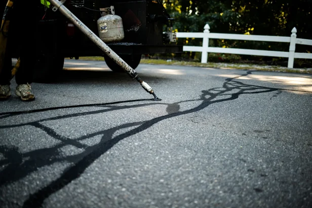 close up of asphalt crack filling